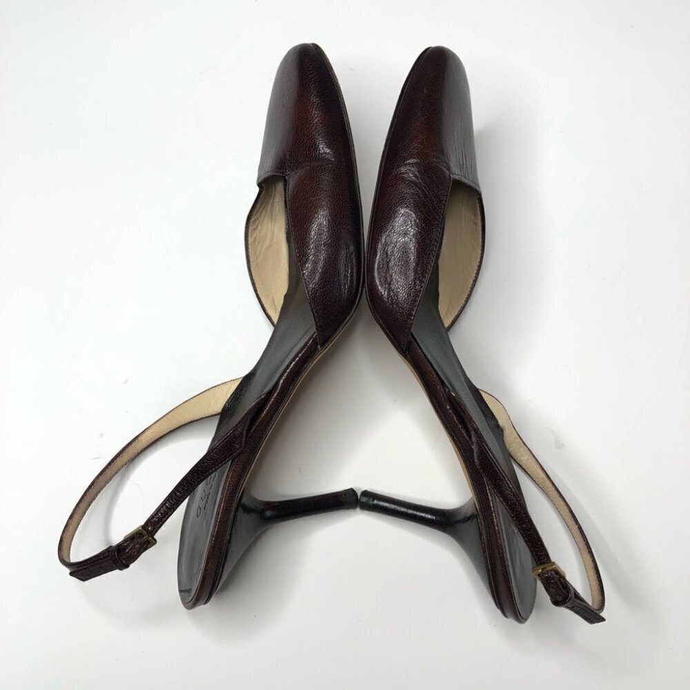 VINTAGE Gucci Leather Chocolate Brown Square Toe Slingback Designer Luxe Heels - Picture 4 of 16